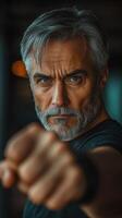 Powerful portrayal of a man with salt and pepper hair showcasing determination in an indoor setting photo