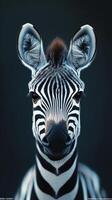 Striking close-up of a zebra with bold stripes against a dark background in natural habitat photo