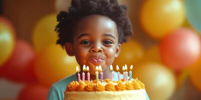 Child celebrates birthday with cake and candles surrounded by colorful balloons photo
