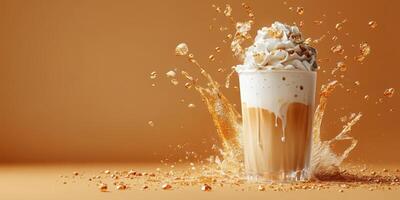Creamy coffee drink splashes delightfully against a warm orange background photo