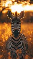 Zebra standing in tall grass during sunset with golden light illuminating its striking stripes photo