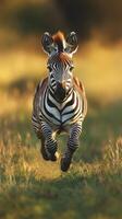 Zebra galloping through golden grasslands during sunset in a natural habitat setting photo