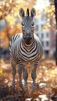 Zebra standing gracefully among autumn leaves in a serene urban setting with warm sunlight filtering through trees photo