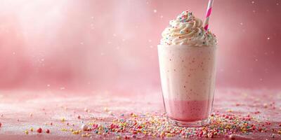 Vibrant milkshake topped with whipped cream and colorful sprinkles in a cheerful setting, perfect for a summer treat photo