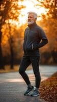 maduro hombre disfrutando un pacífico otoño caminar en un parque con dorado follaje a puesta de sol foto