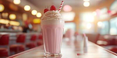 Delicious milkshake topped with whipped cream and strawberries in a retro diner setting during the afternoon photo