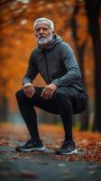 Senior man squatting in athletic wear on tree-lined path surrounded by fall foliage during golden hour photo
