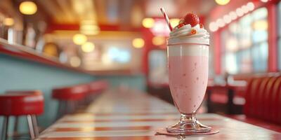 Creamy strawberry milkshake with whipped cream served in retro diner photo