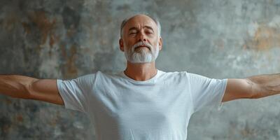 Elderly man with gray beard enjoying a moment of peace with arms extended in a tranquil indoor setting photo