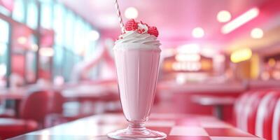 Delicious milkshake served in a classic diner with a retro vibe and pink decor during a sunny afternoon photo