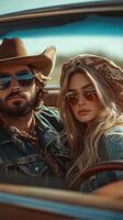 Couple enjoying a road trip in a vintage car under a bright sunny sky in a picturesque location photo