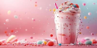 Colorful dessert drink with sprinkles and candy against a pastel background in an imaginative setting photo