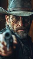 Mature man in a cowboy hat points a gun in a dramatic western setting during the late afternoon sun photo