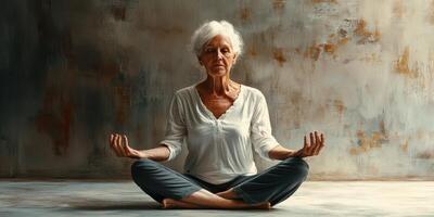 Senior woman meditates peacefully in a serene, minimalist studio with soft lighting and textured walls photo