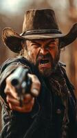 Intense moment of a gun-slinging cowboy aiming a revolver in a dramatic standoff at sunset photo