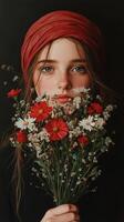 Young girl with a red scarf holding a bouquet of wildflowers in a dark setting photo