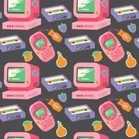 Vintage seamless pattern with music cassettes, computer, 90s lofi style phone vector