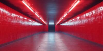 Vibrant red corridor with glowing lights creating a dramatic atmosphere in a modern urban setting photo