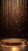Sparkling golden backdrop with circular platform and shimmering lights for event celebrations and performances photo
