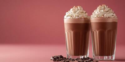 Decadent chocolate drinks topped with whipped cream and cocoa on a pink background photo