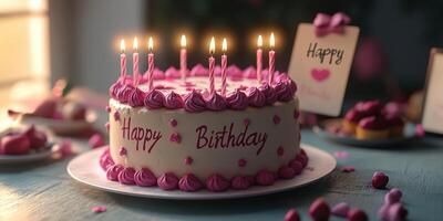 Birthday cake with candles and decorations for a festive celebration indoors during evening light photo