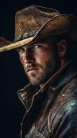 Rugged cowboy with intense expression and worn leather jacket in dramatic lighting photo