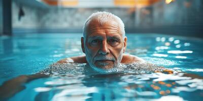 Senior man swimming in tranquil indoor pool at wellness center during afternoon photo