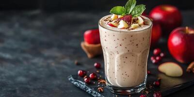 Delicious fruit smoothie with fresh apples and mint garnishing a dark background photo
