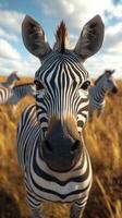 Zebras grazing in golden grass under a blue sky during a sunny afternoon in the savanna photo
