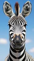 Close-up of a zebra showcasing distinct black and white stripes against a clear blue sky in a natural habitat photo