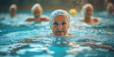 Senior women participating in water aerobics class in indoor pool during morning hours photo