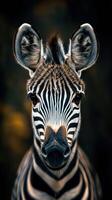 Striking close-up of a zebra's face showcasing its unique stripes and expressive eyes in a natural habitat photo