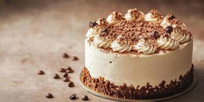 Delicious chocolate cake with cream topping and cocoa decoration displayed on a neutral background photo