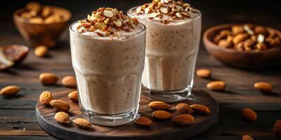 Delicious almond smoothies topped with chopped nuts served on a wooden table in a cozy setting photo