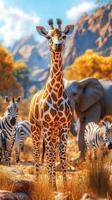 Giraffe stands gracefully amidst a herd of zebras and a distant elephant in a vibrant autumn landscape photo