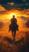 Cowboy rides into sunset on horseback, surrounded by golden fields and mountains in the background photo