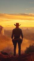 Cowboy standing alone at sunset overlooking vast desert landscape in the American West photo