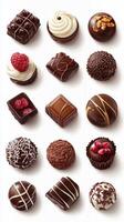 Delicious assortment of gourmet chocolates arranged in a grid pattern showcasing various flavors and toppings photo