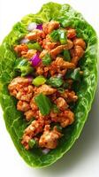 Tasty chicken lettuce wrap with fresh vegetables and savory sauce ready to enjoy for a healthy meal photo