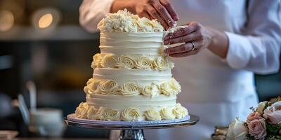 Elegant cake decoration process in a bakery kitchen during late afternoon photo