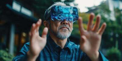 Senior man using virtual reality headset outdoors while interacting with digital interface in a vibrant urban setting photo