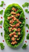 Delicious lettuce wraps filled with savory chicken, vegetables, and spices on a neutral background photo