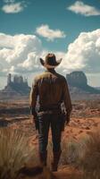 Cowboy gazes at distant buttes in Monument Valley under a vibrant sky photo