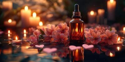Scented oil surrounded by candles and blossoms creates a calming atmosphere in a serene setting photo