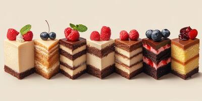 Various layers of cake displayed elegantly with fresh berries arranged in a tempting dessert lineup photo