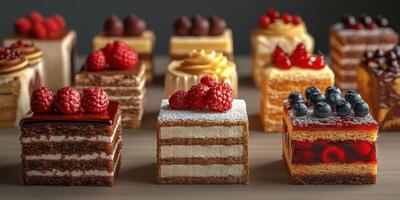 Variety of Desserts on Display at a Bakery Showcasing Colorful Cakes with Fresh Berries photo