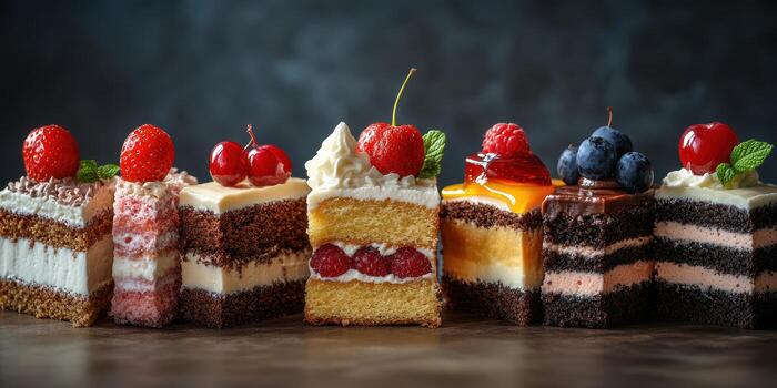 Colorful variety of sliced cakes with fruits presented on a dark surface at a dessert display photo
