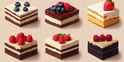 Colorful selection of layered cakes on display with various toppings in a bright setting photo