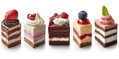 Assorted gourmet cakes presented on a white background ideal for dessert lovers and special occasions photo