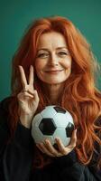 Woman with red hair smiling and holding a soccer ball against a green background while making a peace sign photo